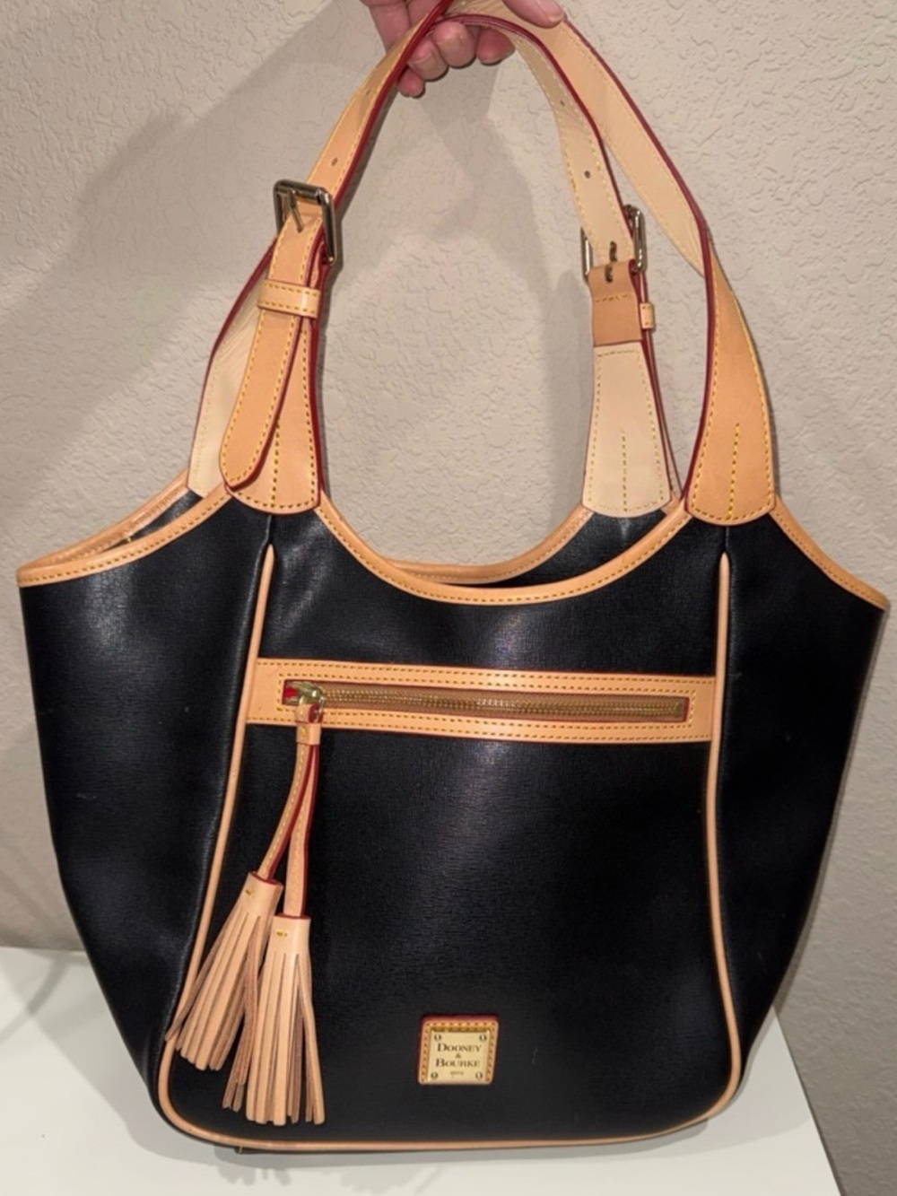 Dooney & Bourke Black Tote with Tan Trim and Tassel